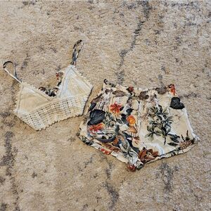 Shein cream color crochet crop-top with tropical floral shorts